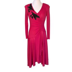 Vintage AYRES by Eysen Pink & Black Beaded Faux Wrap Dress 70s Disco Cocktail M